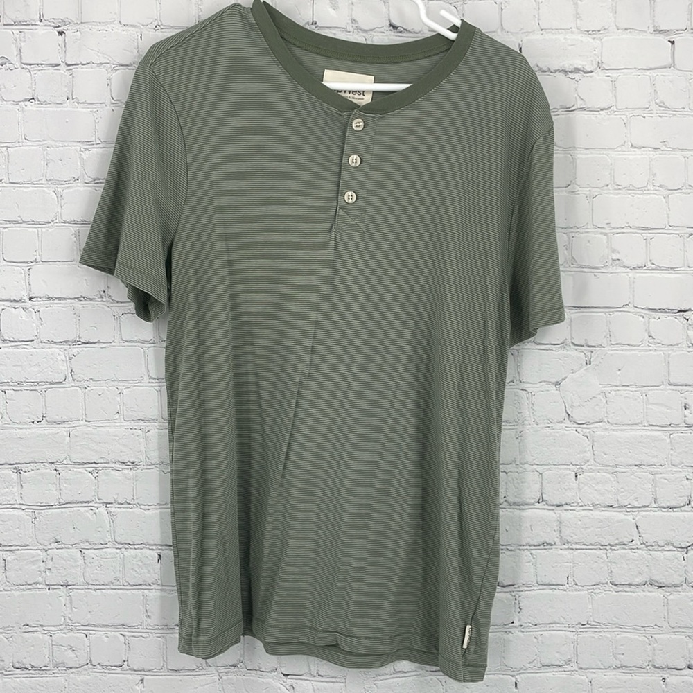 Micro Striped Mens Up West Green Basic Tshirt Medium 75% Cotton Capsule Wardobe